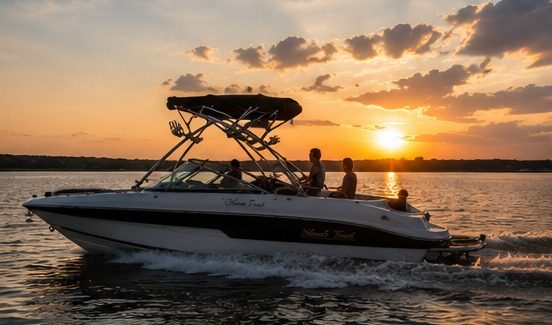 Bote navegando la ciénaga al atardecer